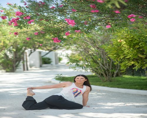 Woman doing morning yoga and stretching outdoors for vital energy